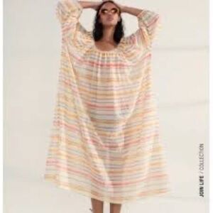 Zara Pastel Striped Maxi Kaftan Dress - Cream with Pink, Yellow & Blue Stripes